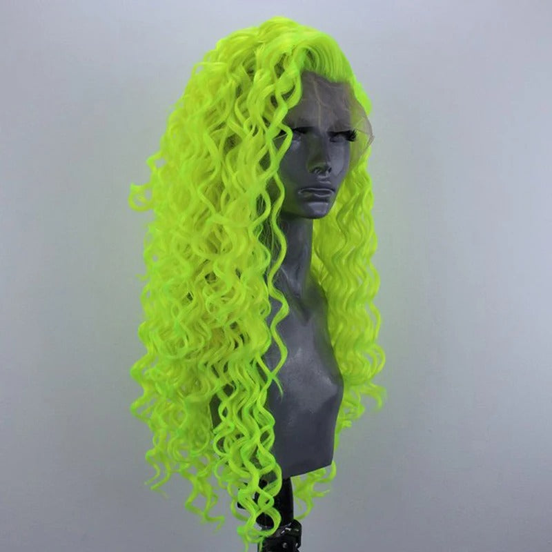 "Fluorescent Green Curly Lace Front Wig – Bold, Glueless, and Heat-Resistant"