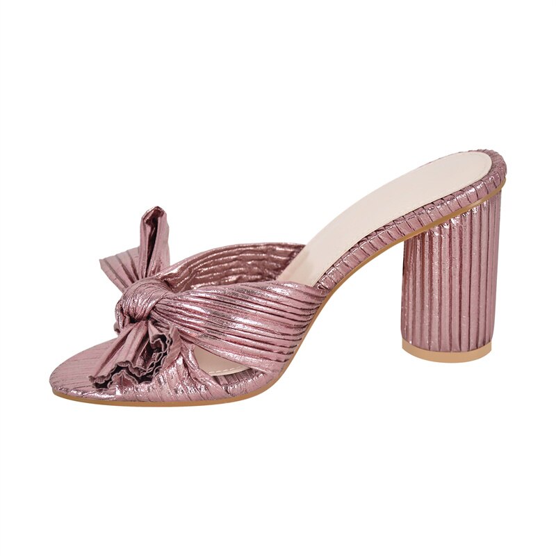 "Unforgettable" Chunky Heel Bow Pleated Sandals