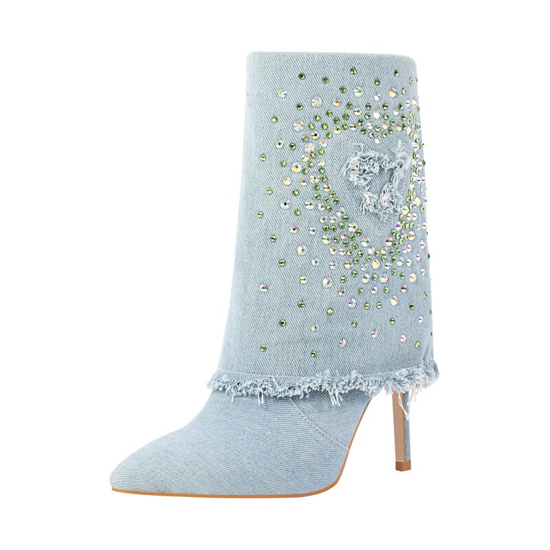 Queen Rhinestone Heart Denim Boots