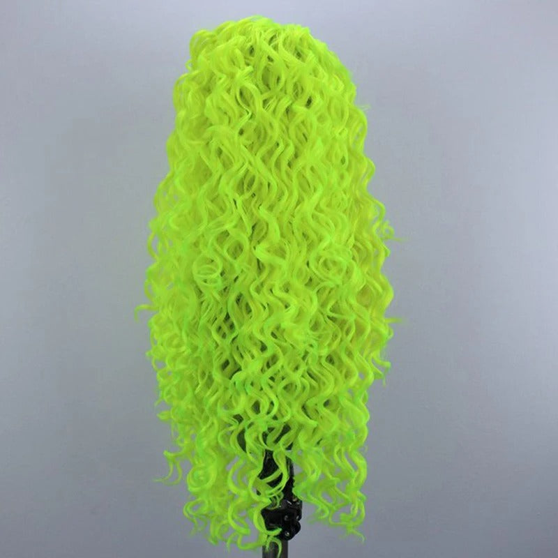 "Fluorescent Green Curly Lace Front Wig – Bold, Glueless, and Heat-Resistant"