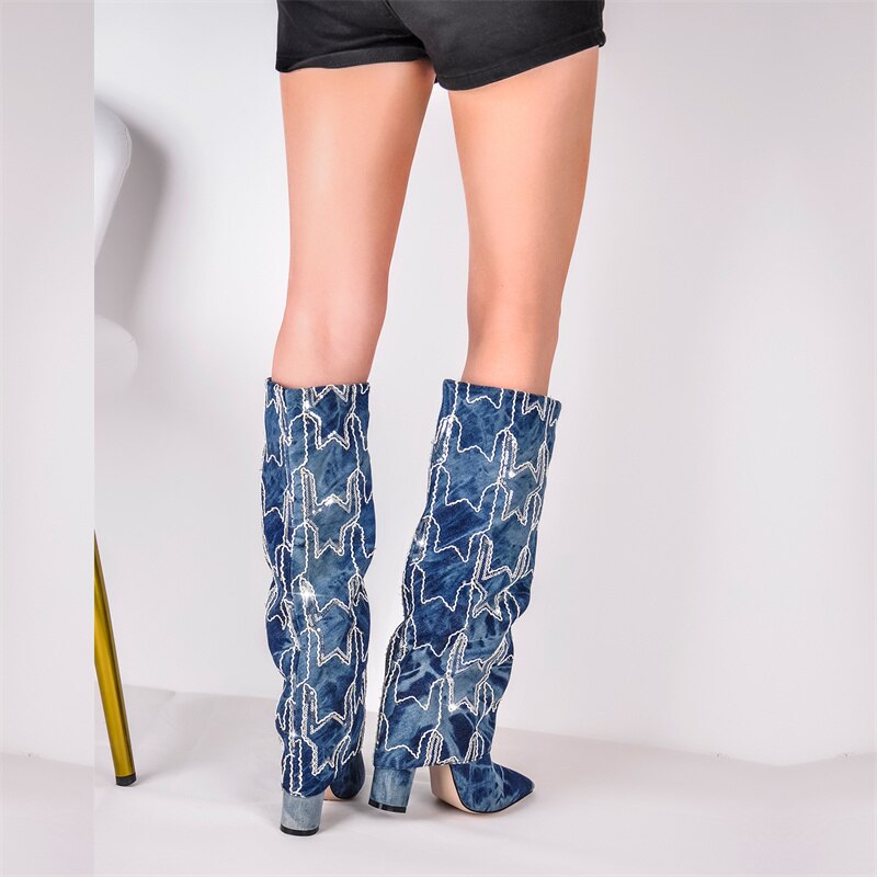 Super Star Embroidered Denim Boots