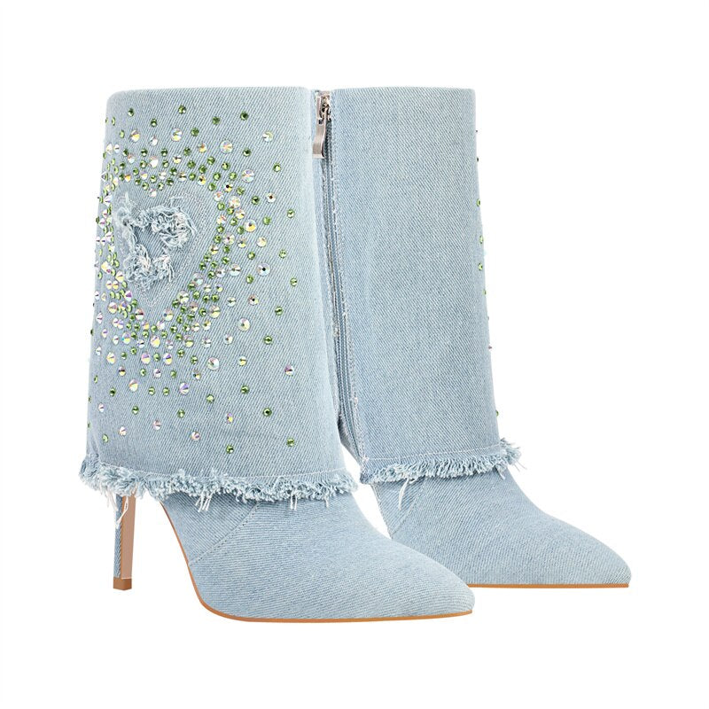 Queen Rhinestone Heart Denim Boots