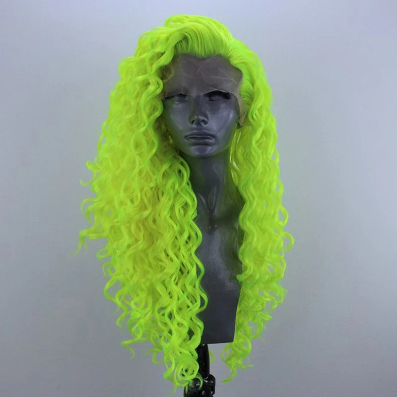 "Fluorescent Green Curly Lace Front Wig – Bold, Glueless, and Heat-Resistant"