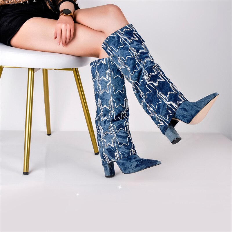 Super Star Embroidered Denim Boots