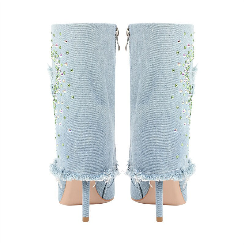 Queen Rhinestone Heart Denim Boots