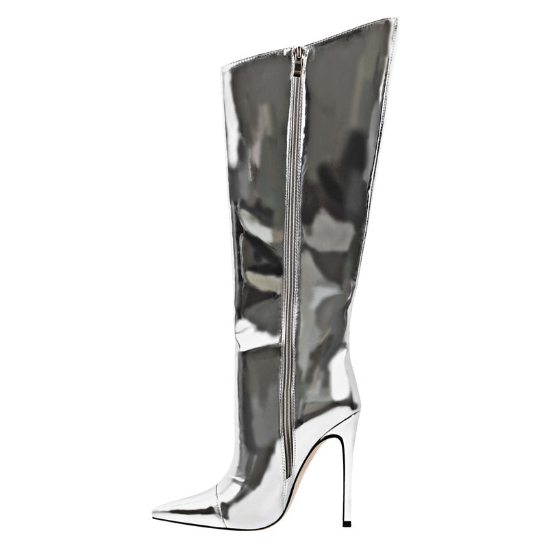 Metallic Sliver Stiletto Knee High Boots