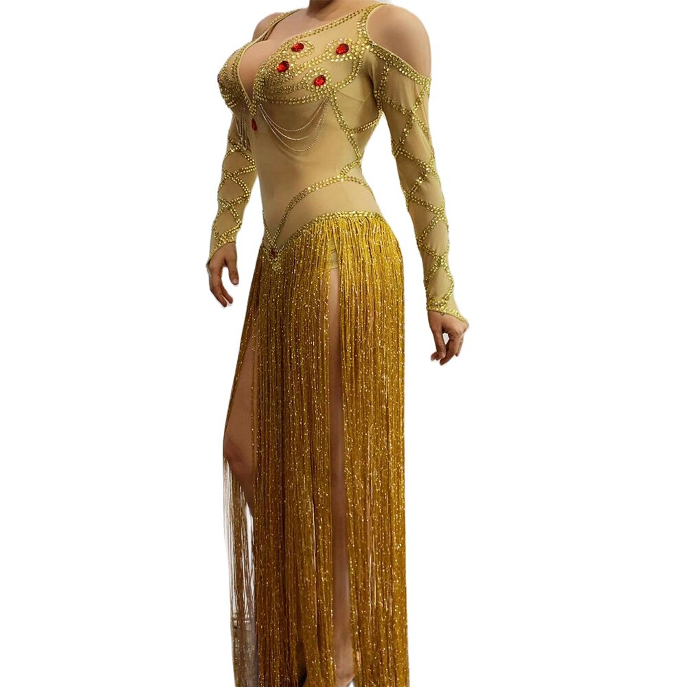 Queen Amalia Long Gold Tassel Mesh Dress