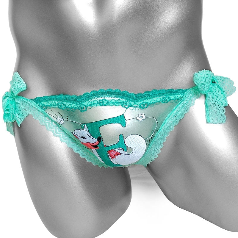 Mesh Lace-Up Panties With Fox Embroidery