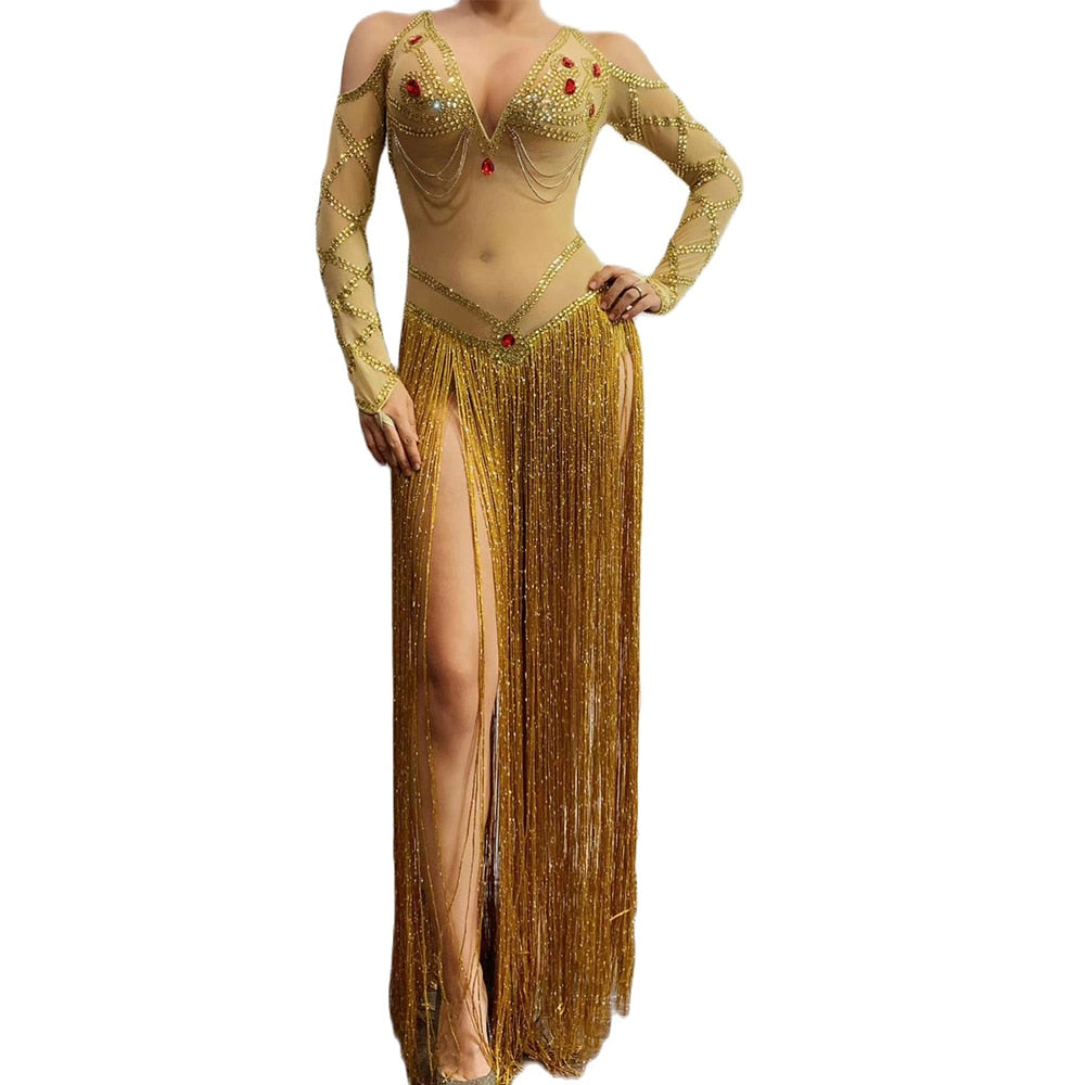 Queen Amalia Long Gold Tassel Mesh Dress