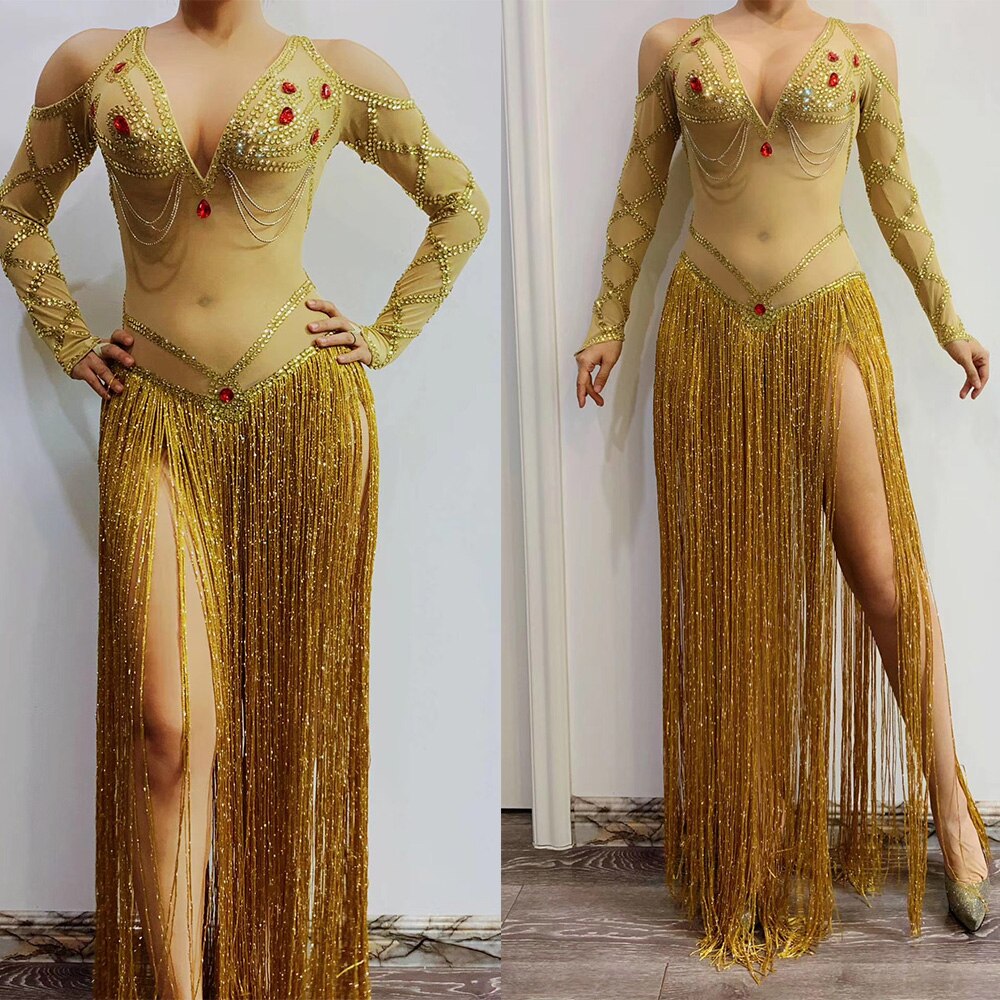 Queen Amalia Long Gold Tassel Mesh Dress