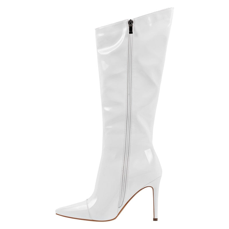 Queen Tia White Stiletto Knee High Boots