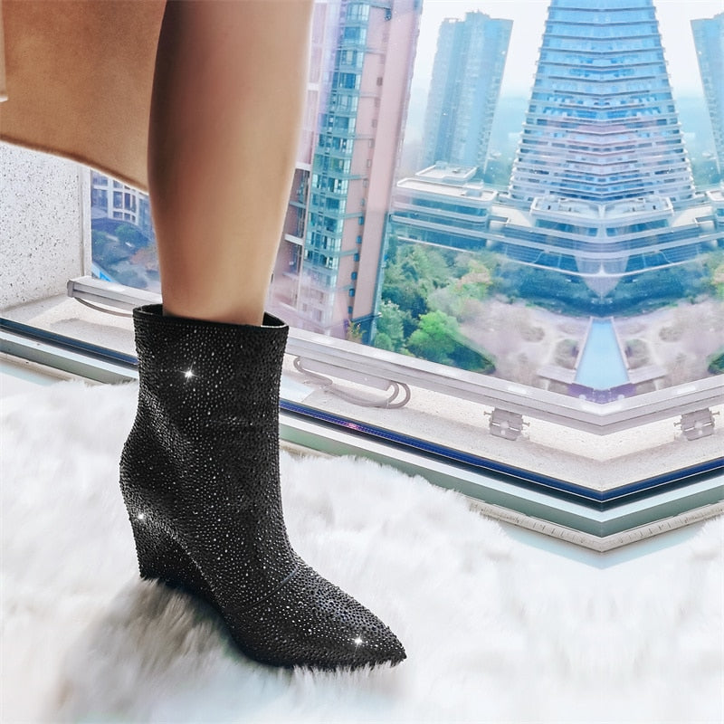 Dora Jar Pointed Toe Wedge Rhinestone Boots