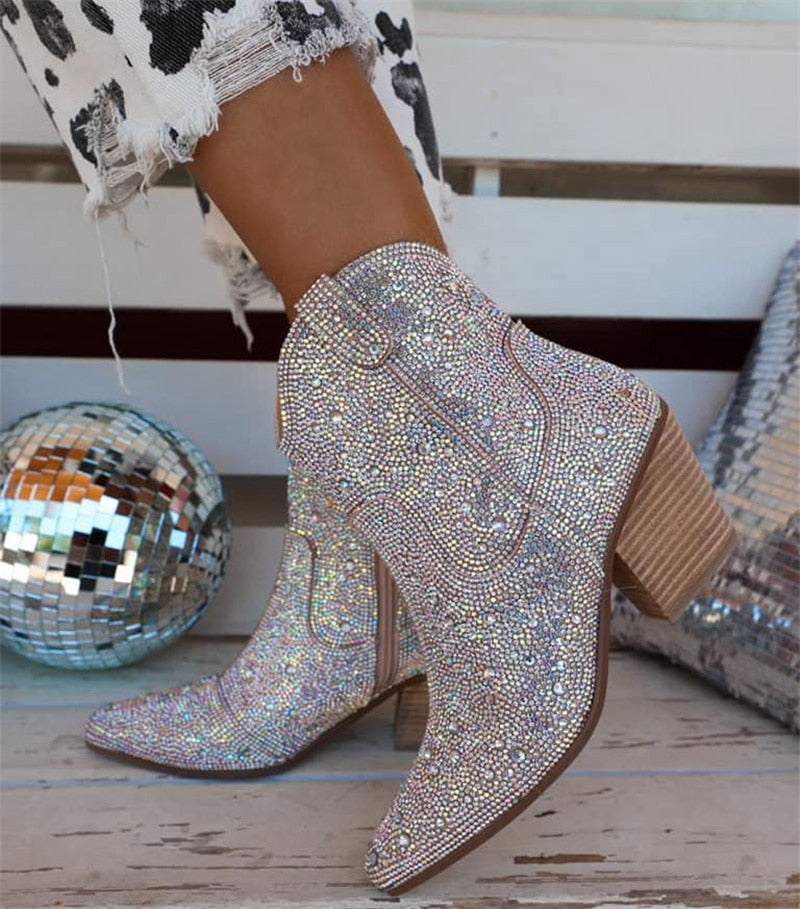 Marry Nayde Silver Rhinestone Glitter Ankle Botts