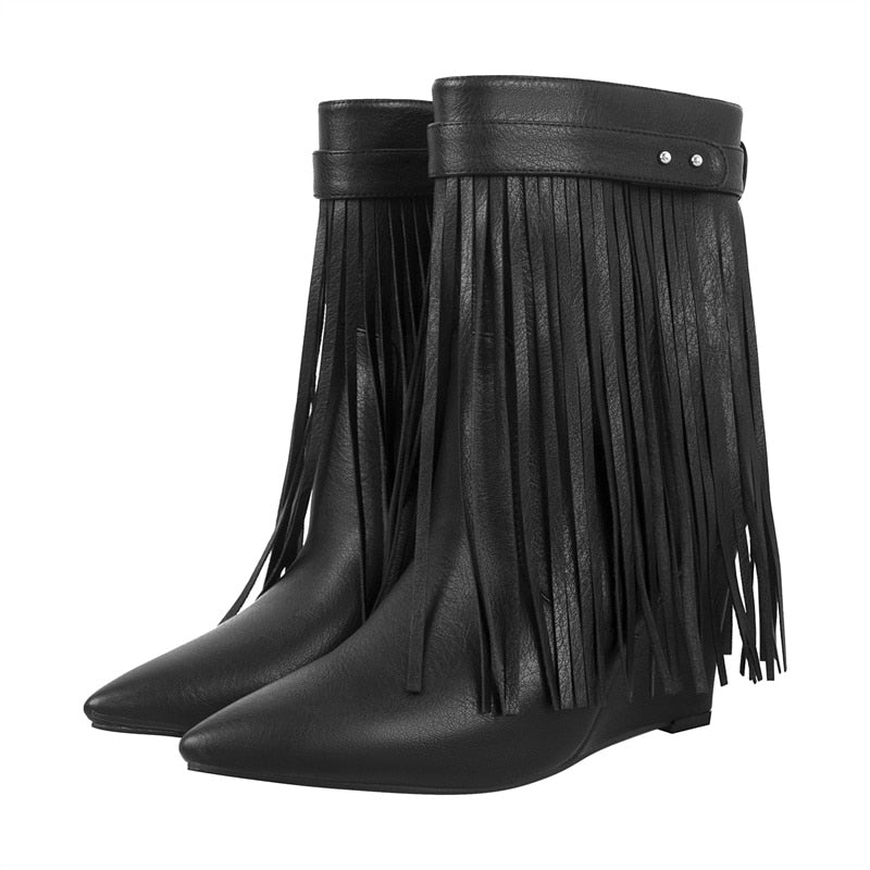 Dusty Shelf Pointed Toe Fringe Wedge Boots