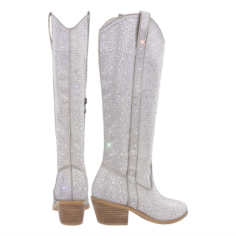 Aria Viderci White Rhinestone Knee High Boots