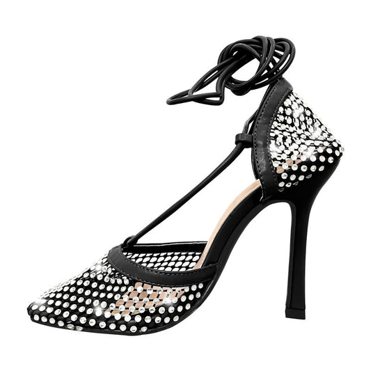 Shelby Late Lace Up Rhinestone Mesh Pumps