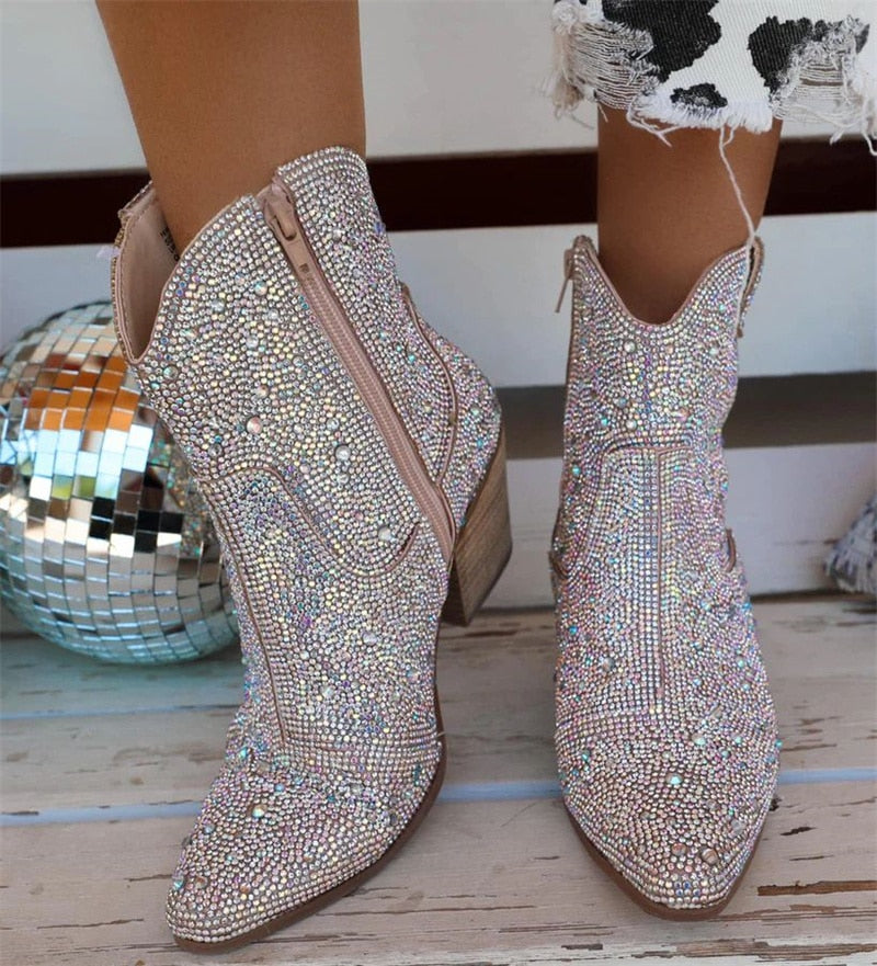 Marry Nayde Silver Rhinestone Glitter Ankle Botts