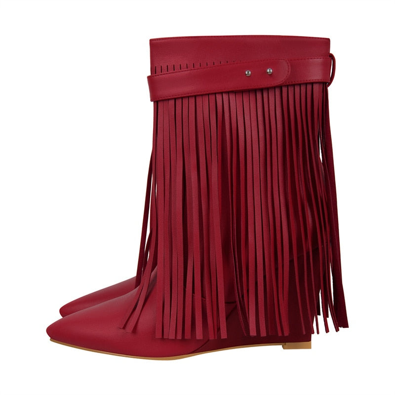 Dusty Shelf Pointed Toe Fringe Wedge Boots