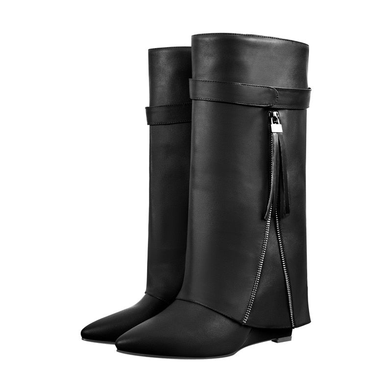 Knee High Wedge Heel Fold Over Boots