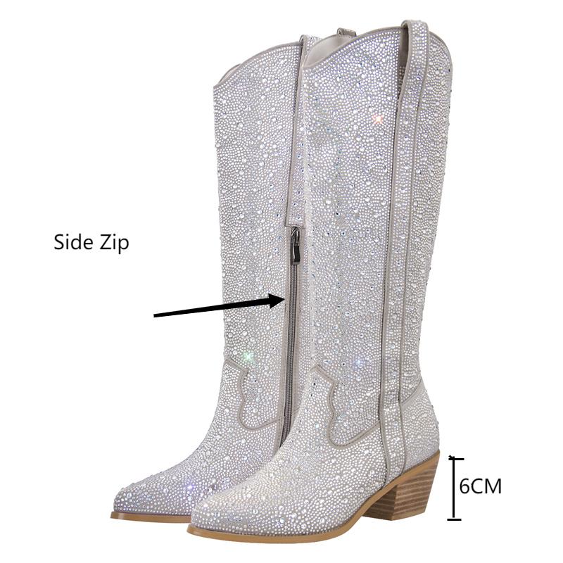 Aria Viderci White Rhinestone Knee High Boots