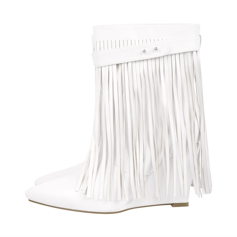 Dusty Shelf Pointed Toe Fringe Wedge Boots