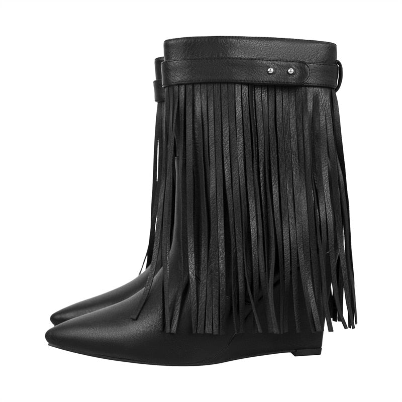 Dusty Shelf Pointed Toe Fringe Wedge Boots