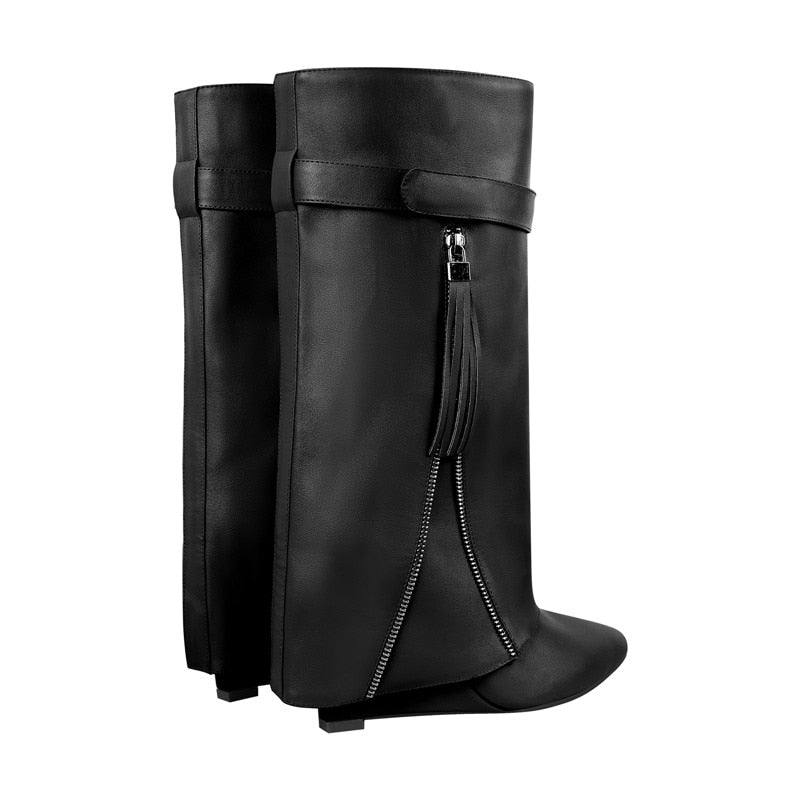 Knee High Wedge Heel Fold Over Boots