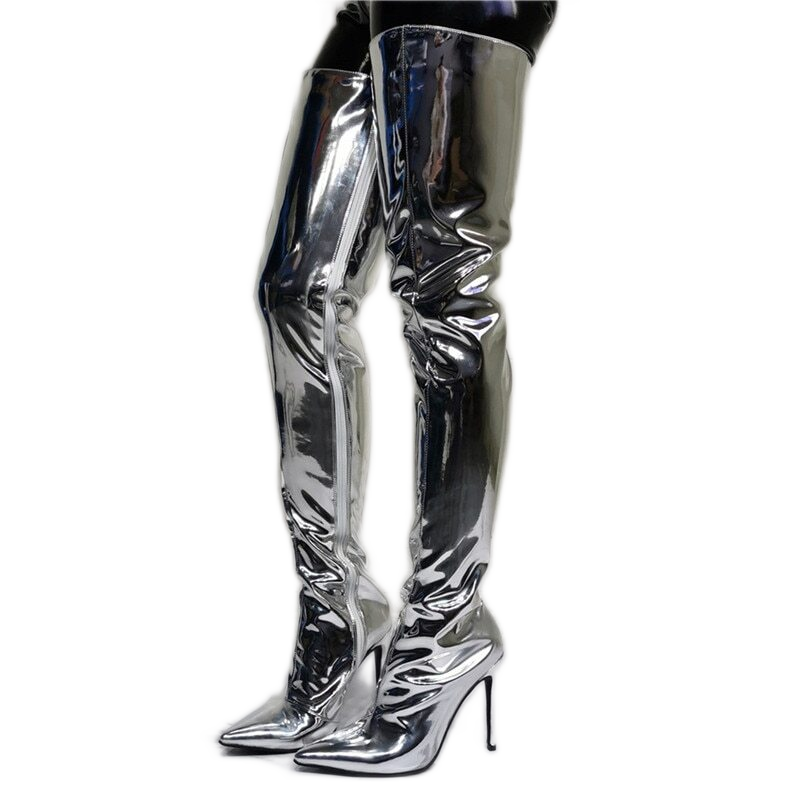 Pointed Toe Silver Over the Knee Boots