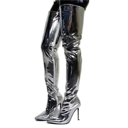 Pointed Toe Silver Over the Knee Boots