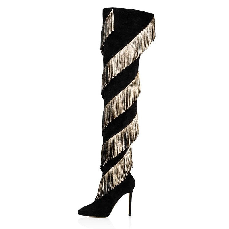 Tassel-Knee Tease: Pointed Fringe Boots for Drag Queens on the Rise!