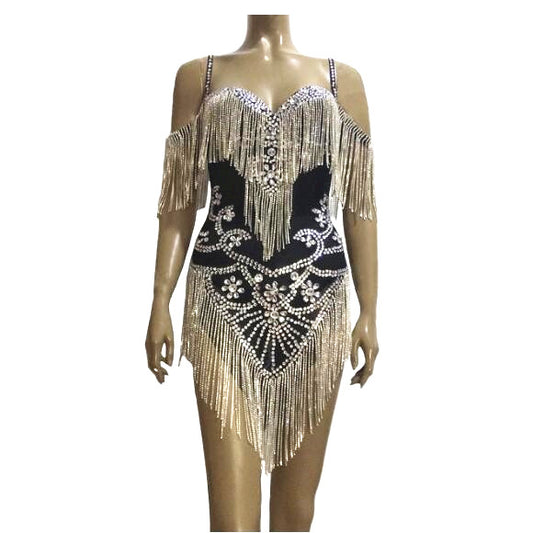 Queen Bianca Silver Crystals Fringe Bodysuit