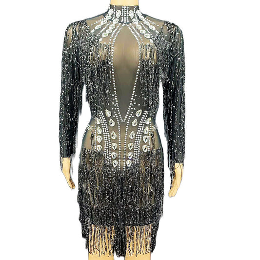 Kimora Black Crystal Tassel Dress